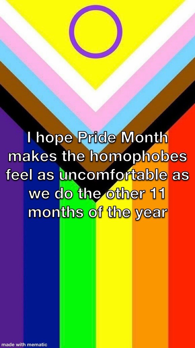 A picture of the intersex-inclusive
Progress Pride Flag that says, "I hope Pride Month makes the homophobes as uncomfortable as we do the other 11 months of the year.