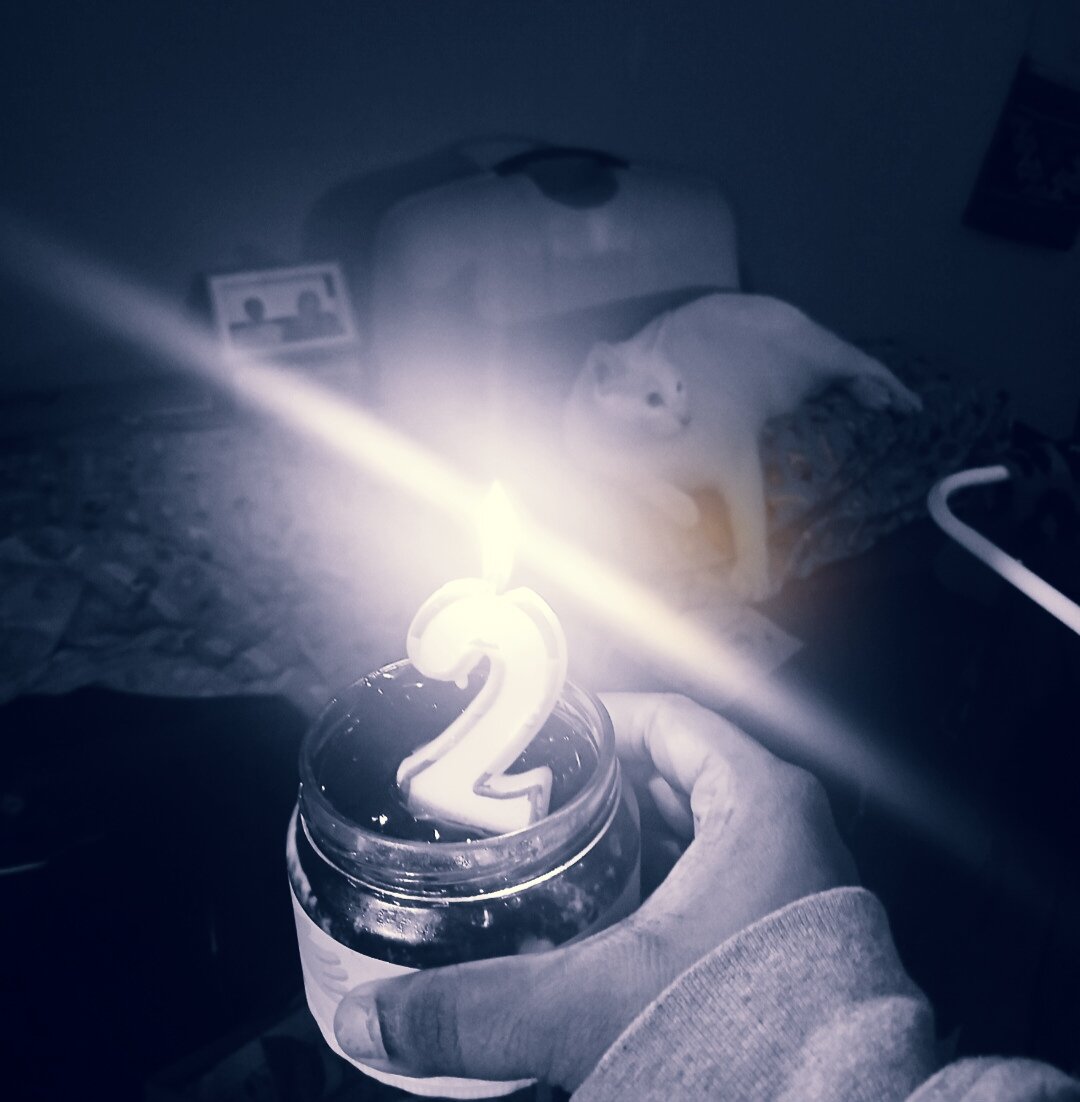 a dark blue monochrome image edited to look dramatic. i am holding a jar with some cheesecake in it, and there is also a candle in the jar that says "2" and is lit up. the glow of the fire creates an effect not unlike stars in astronomical photos. in the background is my cat, who is looking at something in the distance, unbothered and uninterested in the proceedings.